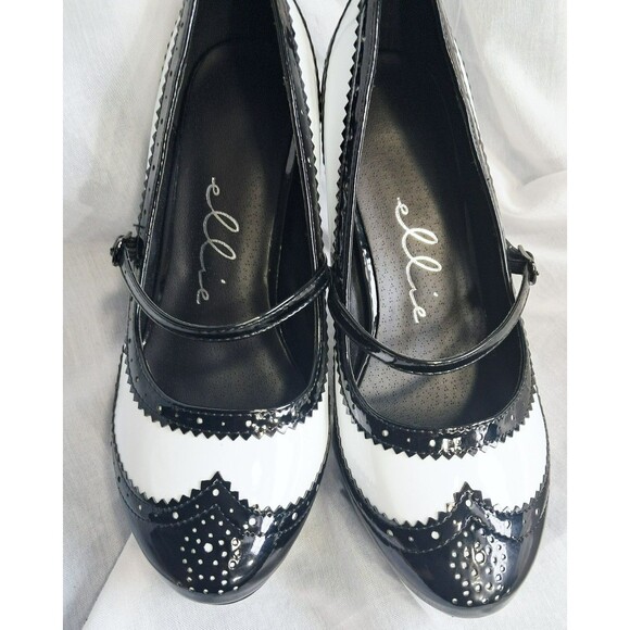 Ellie Women Size 8 Oxford Mary Jane Black/White Patent Leather Platform Shoes - Picture 6 of 9